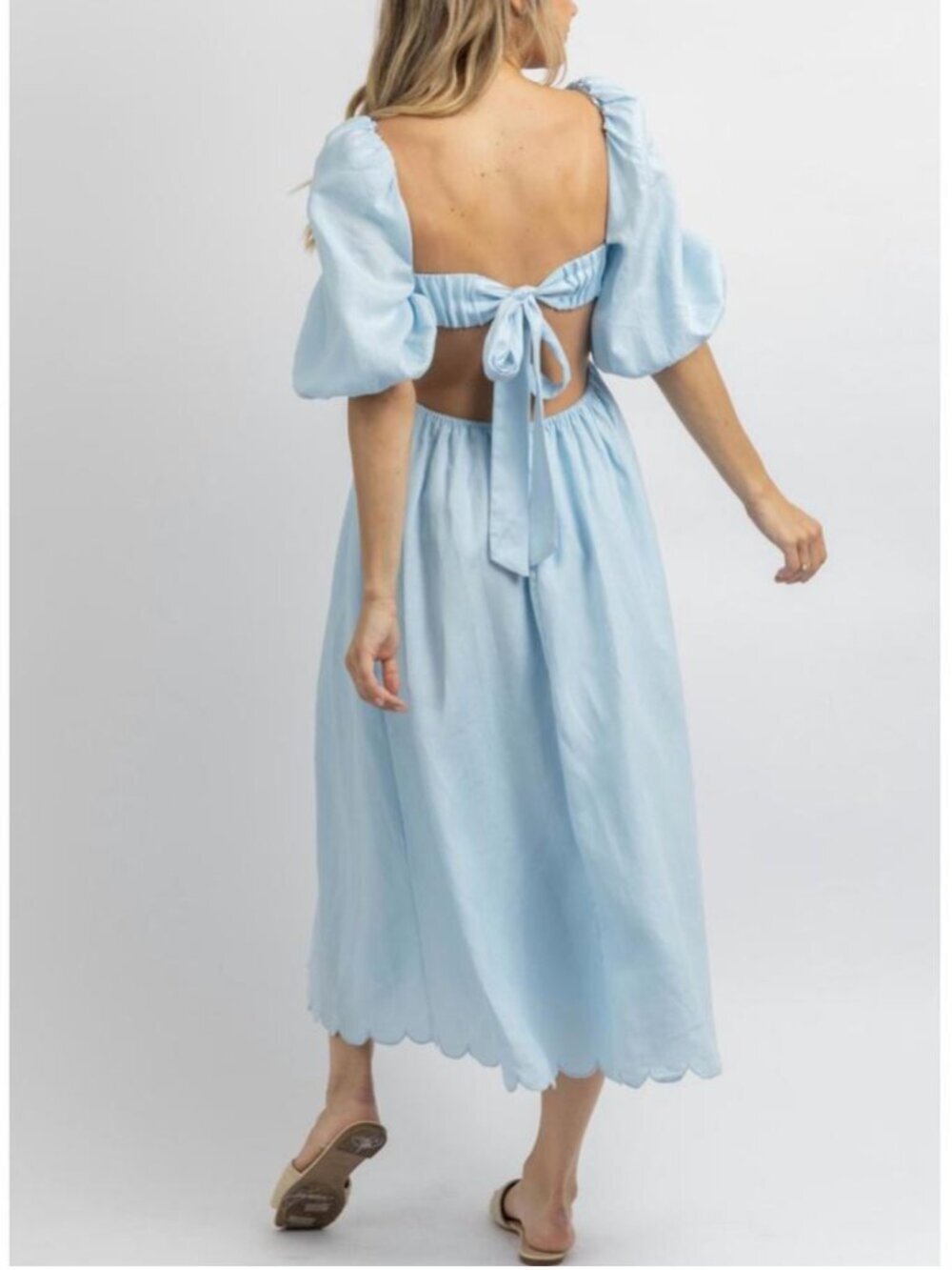 MABLE Scalloped Blue Linen Midi Dress Puff Sleeves Small - Picture 3 of 14